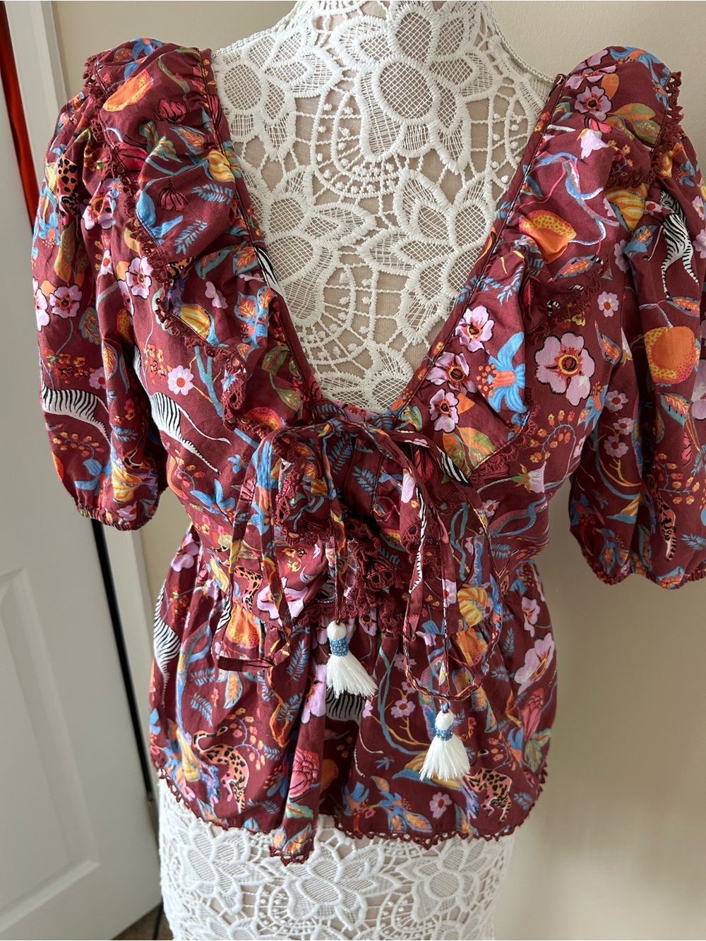 Maeve Burgundy Floral Tie-Front Puff Sleeve Blouse